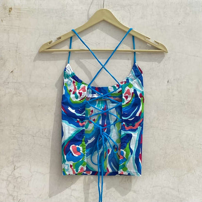 Multi Abstract Paint Criss Cross Back Knot Denim Top - KJ10188