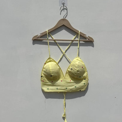 Yellow Polka Embroidery Removable Pads Bra - Kj10419