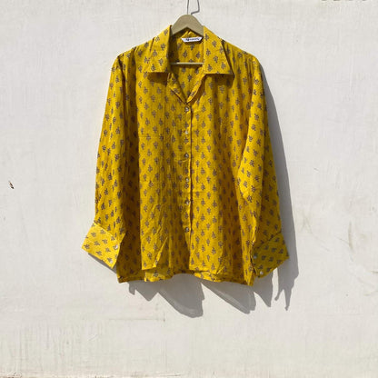 Yellow Blue Floral Poetry Mul Women Shirt - KJ10038