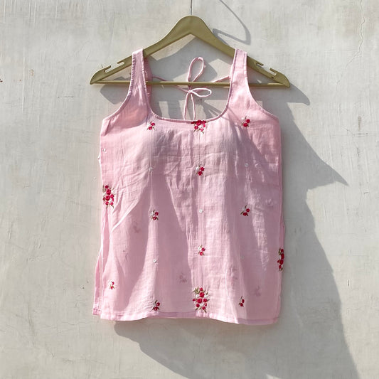 Pink Halter Neck Hand Embroidery Mulmul With Removable Pads  Kurti Top - KJ10158