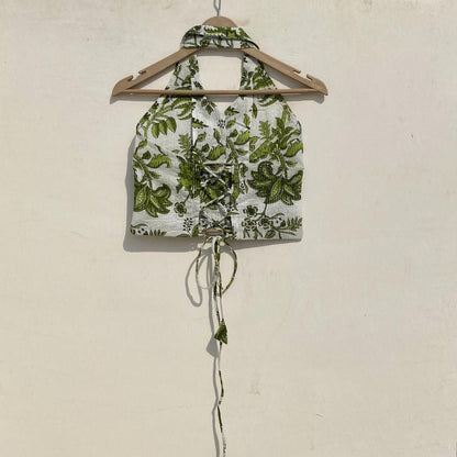 White Green Floral Coraller Criss Cross Crop Katha Shirt - KJ10017