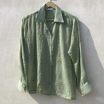 Mint Green Floral Thread Embroidery Shirt and Bra Combo - KJ10163