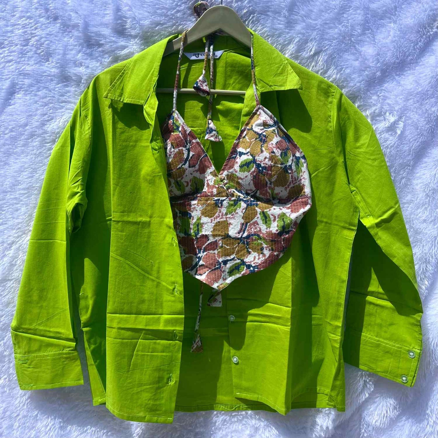 Neon Green Plain Cotton Shirt and Multicolor Katha Camel Bra Combo - KJ10389
