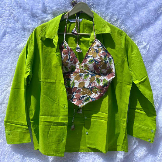 Neon Green Plain Cotton Shirt and Multicolor Katha Camel Bra Combo - KJ10389
