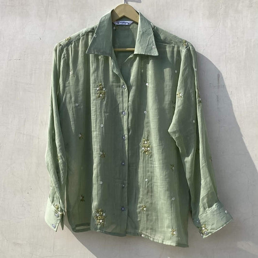Mint Green Floral Thread Embroidery Cotton Women Shirt - KJ10166