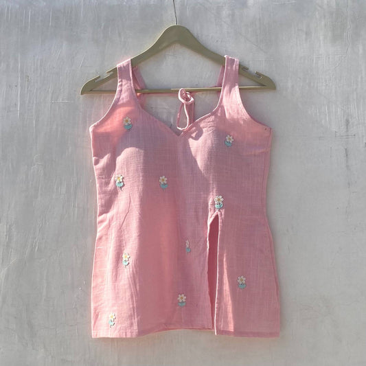 Pink Slub Floral Embroidery Slit Removable Pads Kurti - KJ10205