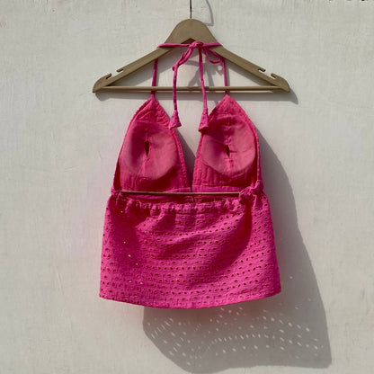 Pink Chikan Bow Removable Pads Top - KJ10026