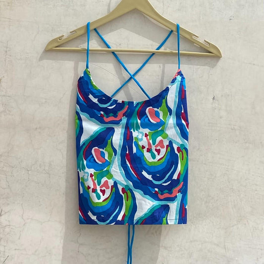 Multi Abstract Paint Criss Cross Back Knot Denim Top - KJ10188
