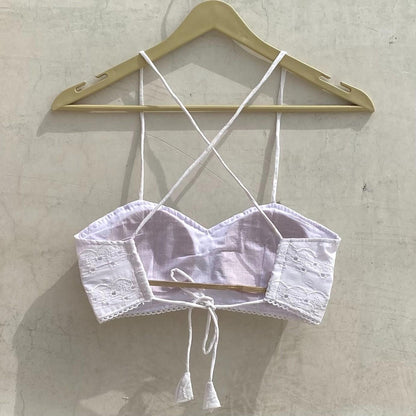 White Chikan Noodle Straps Removable Pads Top Bralette - KJ10179