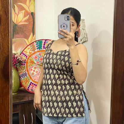 Black Leaf 2 in 1 Cotton Kurti - KJ10306