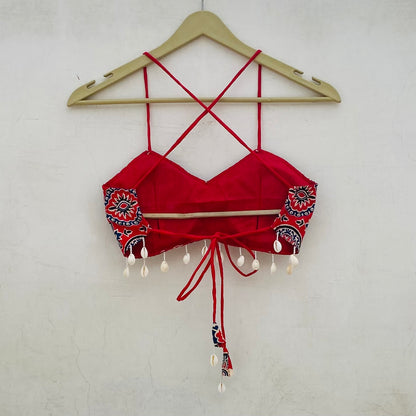 Navratri Red Ajrakh Removable Pads Top - KJ10111