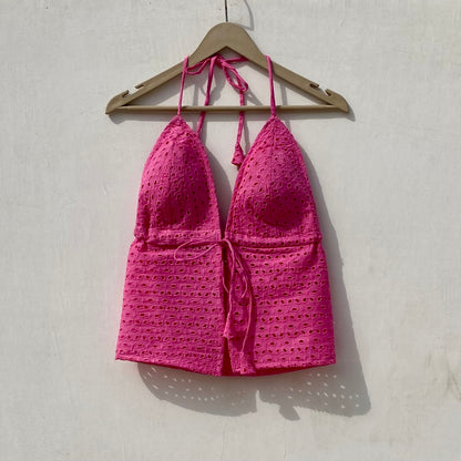 Pink Chikan Bow Removable Pads Top - KJ10026