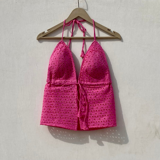 Pink Chikan Bow Removable Pads Top - KJ10026