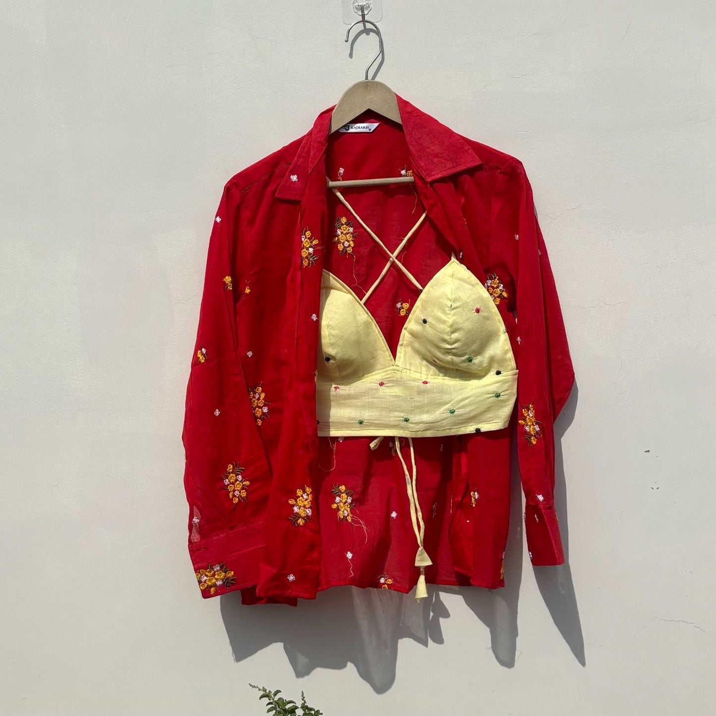 Red Embroidery Shirt and Yellow Polka Bra Combo - KJ10446