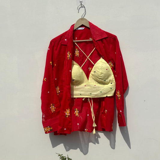 Red Embroidery Shirt and Yellow Polka Bra Combo - KJ10446