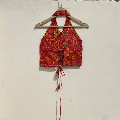 Red Bandhej Coraller Criss Cross Crop Shirt - KJ0965