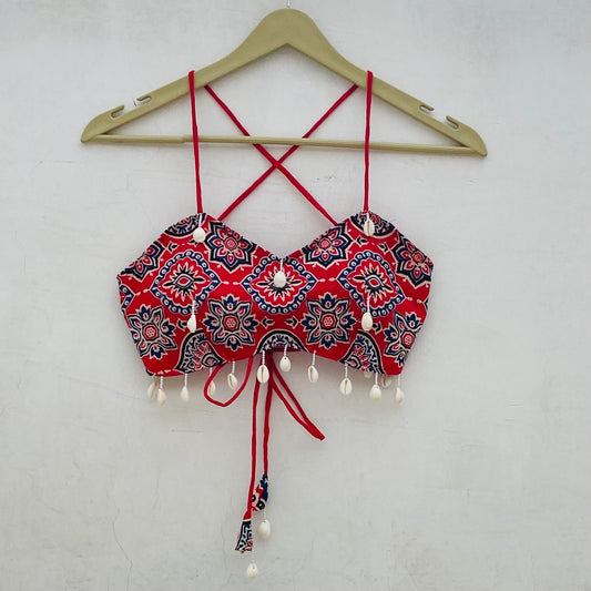 Navratri Red Ajrakh Removable Pads Top - KJ10111
