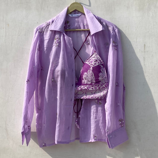 Thread Embroidery Lavender Shirt and Tree Bra Combo - KJ10170
