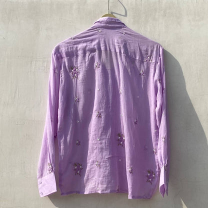 Lavender Floral Thread Embroidery Cotton Women Shirt - KJ10168