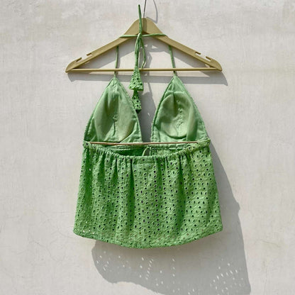 Green Chikan Front Knot & Open Tree Removable Pads Top - KJ10077