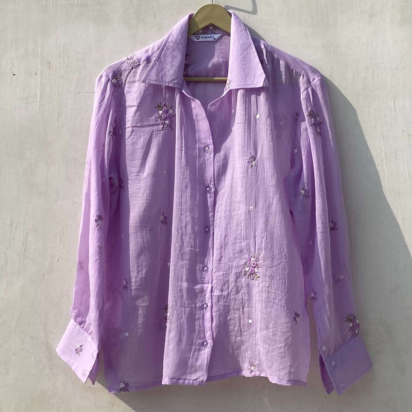 Lavender Floral Thread Embroidery Cotton Women Shirt - KJ10168