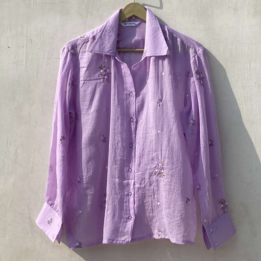 Lavender Floral Thread Embroidery Cotton Women Shirt - KJ10168