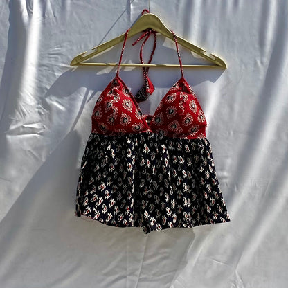 Red With Black Paisley Halter Neck Back Knot Tree Pure Handblock Top - KJ10355