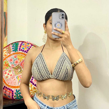 Cream Black Geometry Removable Pad Bra - KJ10321