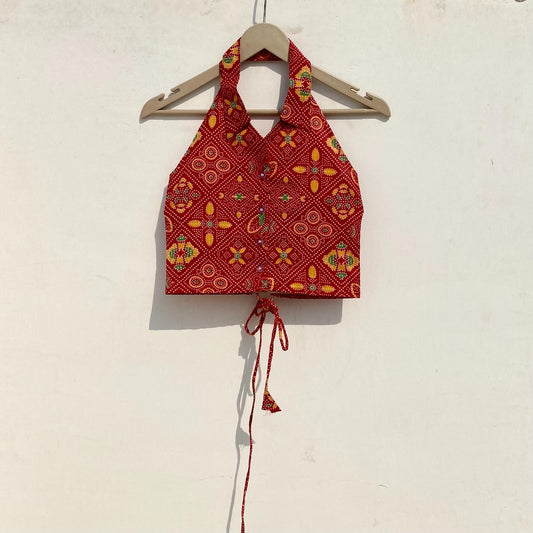 Red Bandhej Coraller Criss Cross Crop Shirt - KJ0965