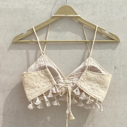 Off White Chikan With Pom Pom Removable Pads Top Bralette - KJ10180