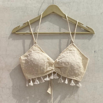 Off White Chikan With Pom Pom Removable Pads Top Bralette - KJ10180