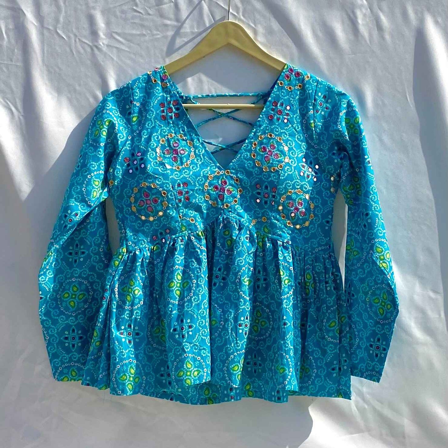 Blue Bandhej Hand Work Embroidery Deep V Neck and Back Criss Cross Full Sleeves Cotton Removable Pad Kurti Top - KJ10348