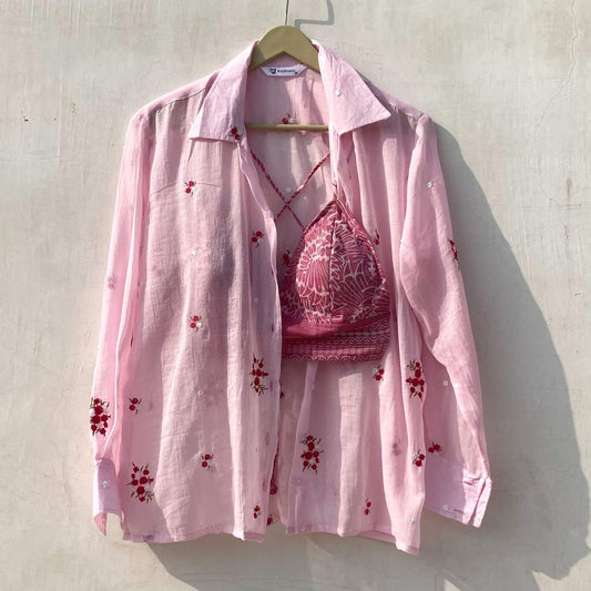 Pink Floral Thread Embroidery Shirt and Bra Combo - KJ10164