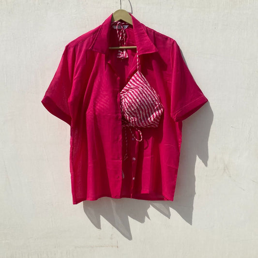 Pink Mul Shirt and Lehariya Bra Combo - KJ10032