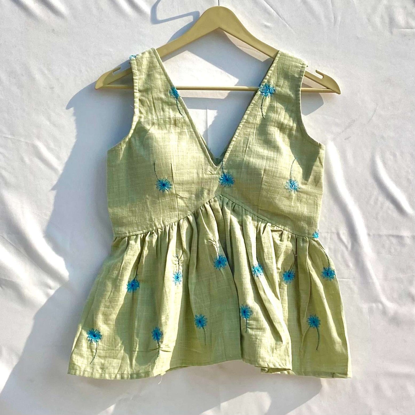 Sea Green Deep V Neck Floral Embroidery Cut Sleeves Top - KJ10311