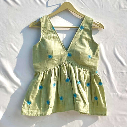 Sea Green Deep V Neck Floral Embroidery Cut Sleeves Top - KJ10311