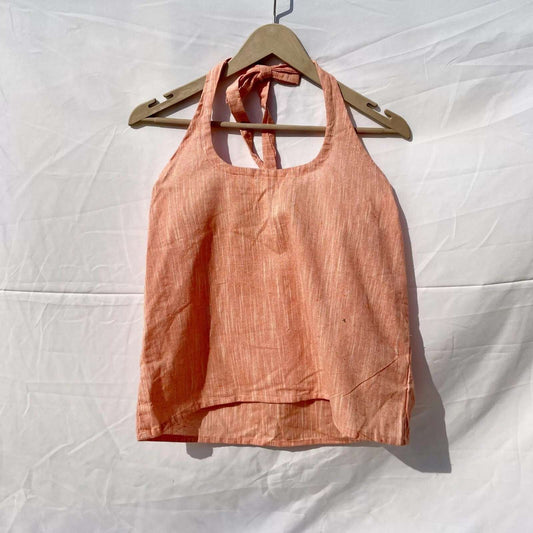 Peach Round Halter Neck Khadi Cotton Top- KJ0057