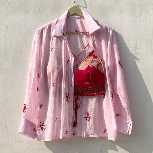 Thread Embroidery Pink Shirt and Rani Pink Bra Combo - KJ10169