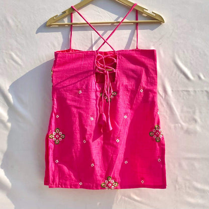 Pink Geometry Embroidery Straight Removable Pads Kurti - KJ10310