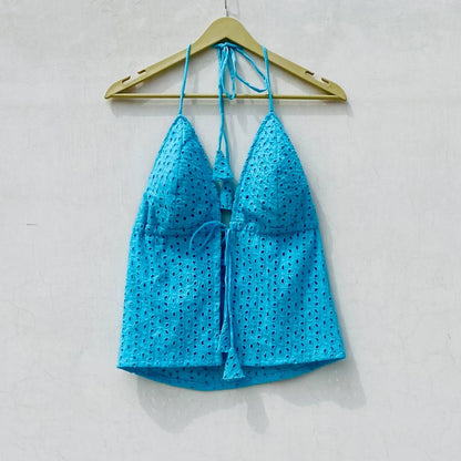 Blue Chikan Front Knot & Open Tree Removable Pads Top - KJ10076