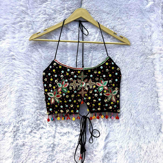Black Multicolor Sequin Hand work Navratri Padded Top - KJ10383