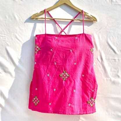 Pink Geometry Embroidery Straight Removable Pads Kurti - KJ10310