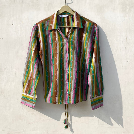 Multicolor Stripe Full Sleeves Criss Cross Cotton Shirt Top - KJ10173