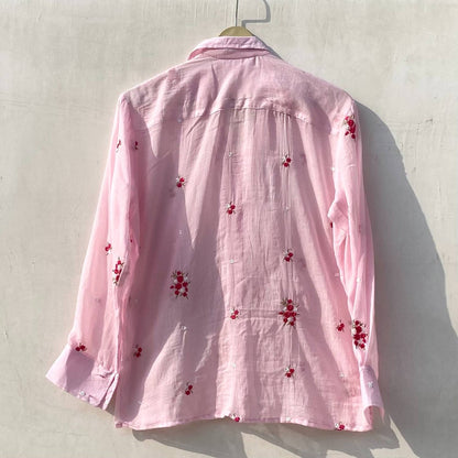 Pink Floral Thread Embroidery Cotton Women Shirt - KJ10167