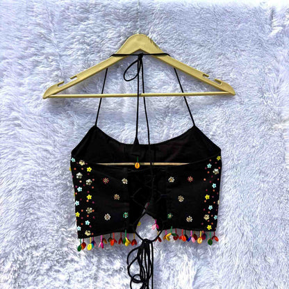 Black Multicolor Sequin Hand work Navratri Padded Top - KJ10383
