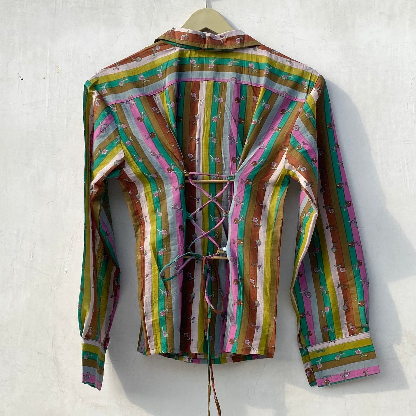 Multicolor Stripe Full Sleeves Criss Cross Cotton Shirt Top - KJ10173