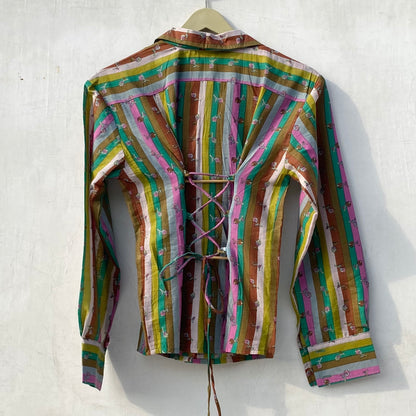 Multicolor Stripe Full Sleeves Criss Cross Cotton Shirt Top - KJ10173