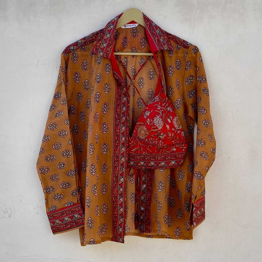 Brown Red Butti Shirt and Bra Combo - KJ10224