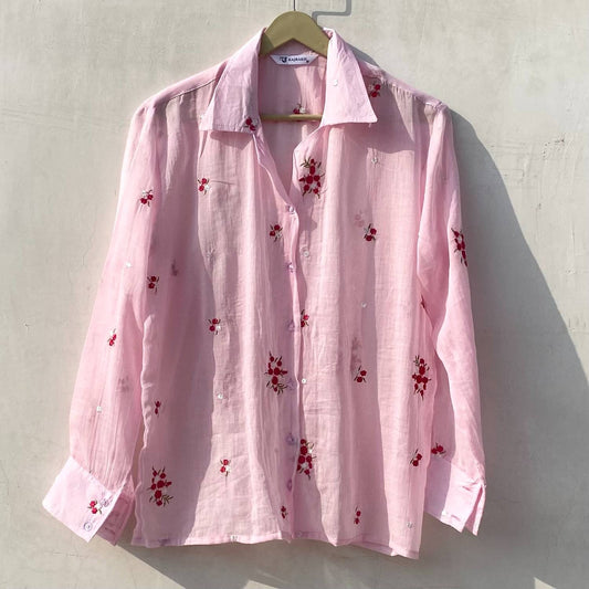 Pink Floral Thread Embroidery Cotton Women Shirt - KJ10167