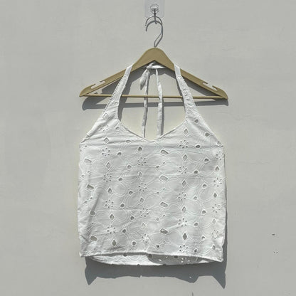 White Chikan Hakoba Halter Neck Removable Pads Top - Kj10440